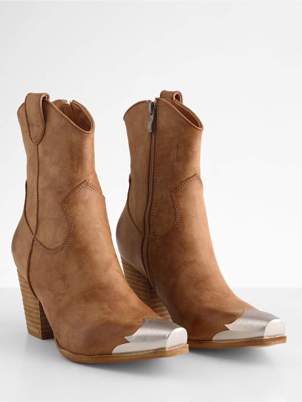 New Buckle Beast Women's Tan Western Ankle Boots with Silver Toe Cap